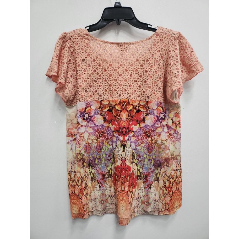 Live & Let Live Women BOHO Top Size Large Coral Floral Lace Yoke Flutter Sleeve - Picture 8 of 9